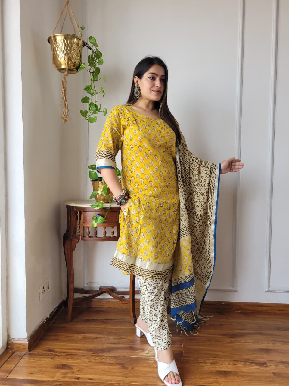 Yellow Bagru Hand Block Printed Linen Suit Set